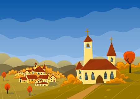 Vector autumn landscape with hills, village and church.のイラスト素材