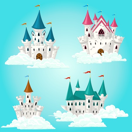 Collection of vector cartoon fairytale castle in cloudsのイラスト素材
