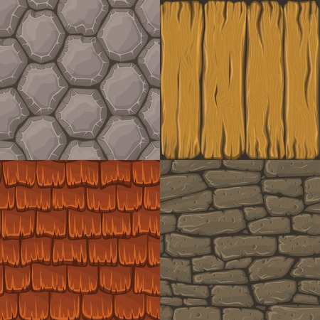 Collection of four vector cartoon seamless textures. Stones, roof tiles and wood planks.のイラスト素材