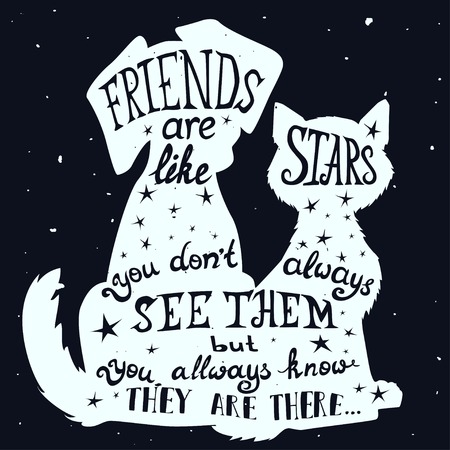 Cat and dog friends grungy card for Friendship Day with quote.のイラスト素材