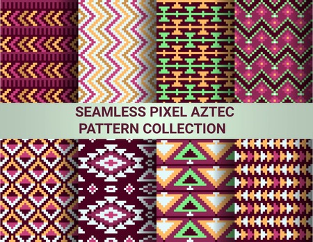 Collection of bright seamless pixel patterns in tribal style. Aztec geometric triangle and chevron patterns.のイラスト素材