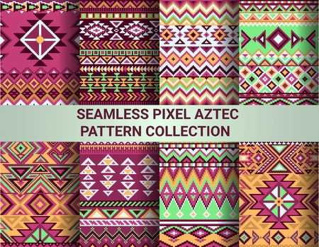 Collection of bright seamless pixel patterns in tribal style. Aztec geometric triangle and chevron patterns.の写真素材