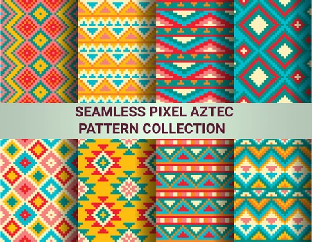 Collection of bright seamless pixel patterns in tribal style. Aztec geometric triangle and chevron patterns. Pantone colors.のイラスト素材
