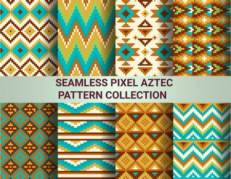 Collection of bright seamless pixel patterns in tribal style. Aztec geometric triangle and chevron...