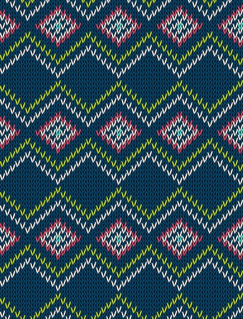 Knitted bright seamless winter holiday pattern with stylized nordic sweater ornament. Clothing...
