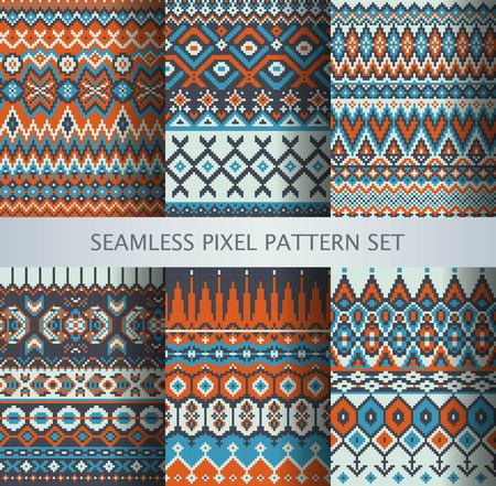 Collection of pixel colorful seamless patterns with stylized Greenland national ornament. Vector...