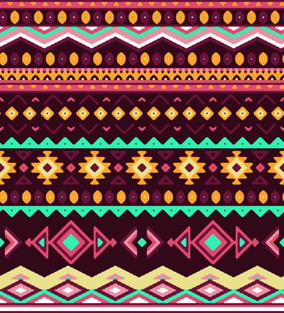 Seamless stylized stripes pattern with aztec ethnic and tribal ornament. Vector bright colors boho...
