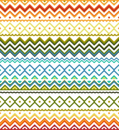 Seamless hand drawn stripes pattern with aztec ethnic and tribal ornament. Vector bright boho fashion illustration.のイラスト素材