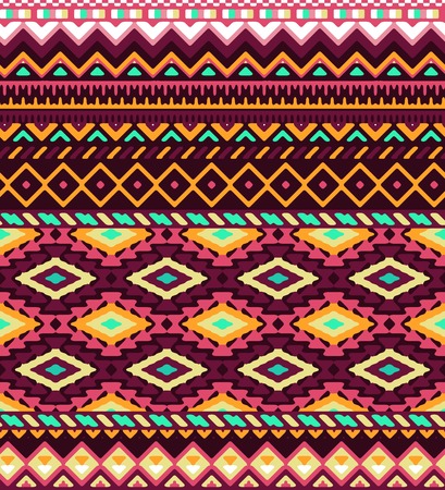 Seamless stylized stripes pattern with aztec ethnic and tribal ornament. Vector bright colors boho fashion illustration.のイラスト素材