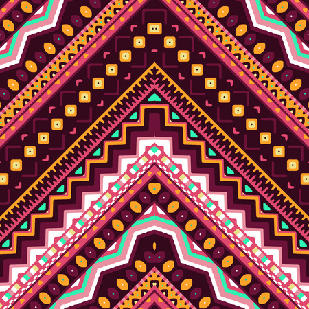 Seamless hand drawn chevron pattern with aztec ethnic and tribal ornament. Vector dark and bright colors boho fashion illustration.のイラスト素材