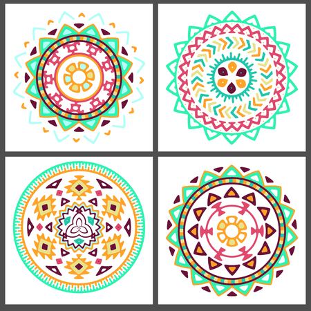 Collection of bright colorful geometric round ethnic decorative elements. Vector mandala backgrounds with bohemian, Oriental, Indian, Arabic, Aztec motifs.のイラスト素材