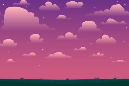 Cartoon nature seamless horizontal landscape with a beautiful evening or morning sunset sky and clouds. Vector illustration.のイラスト素材