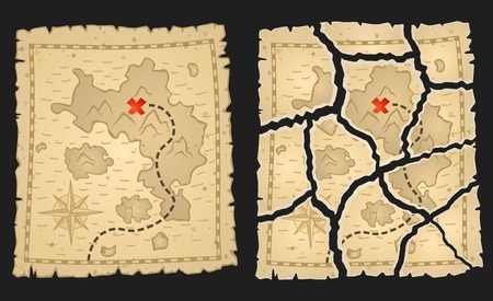 Treasure pirates map on aged parchment. Vector illustration. Whole and torn variants for game quests.のイラスト素材