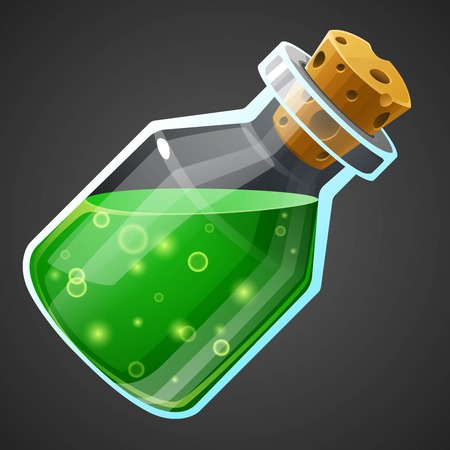 Vector cartoon potion bottle. Vial with green liquid for game icons. GUI asset.のイラスト素材