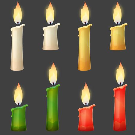 Burning candle collection, two sizes, different colors. Vector illustration.のイラスト素材