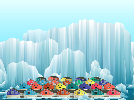 Parallax background of arctic greenland town with bright houses. Vector winter landscape.のイラスト素材