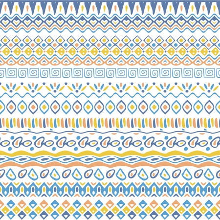 Vector african style pattern with tribal motifs. Soft pastel and elegant ornament with geometric hand drawn decorative stripes for prints, fabrics, backgrounds in blue, yellow and pink colors.のイラスト素材