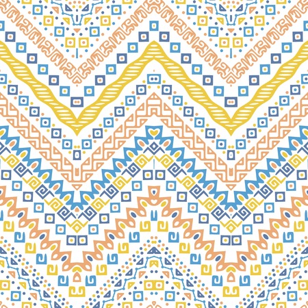 Vector african style chevron pattern with tribal motifs. Soft pastel and elegant ornament with geometric hand drawn decorative stripes for prints, fabrics, backgrounds in blue, yellow and pink colors.のイラスト素材