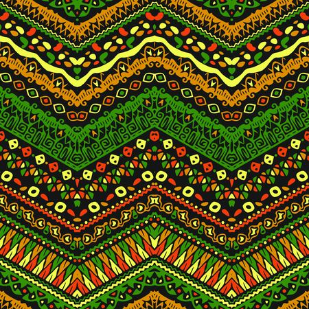 Vector African style chevron pattern with tribal motifs. Brown and green elegant ornament with geometric hand drawn decorative stripes for prints, fabrics, backgrounds in blue, yellow and pink colors.のイラスト素材