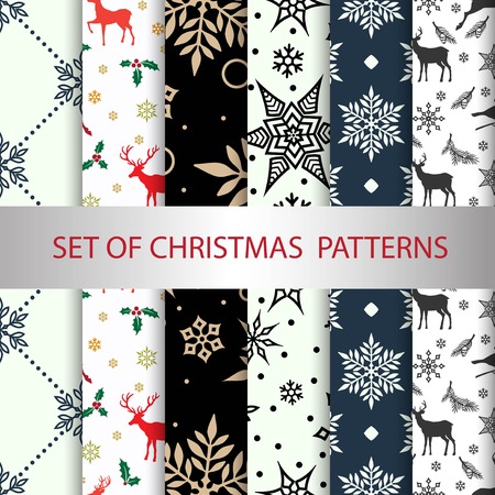 Set of vector christmas seamless patterns with snowflakes and deersのイラスト素材