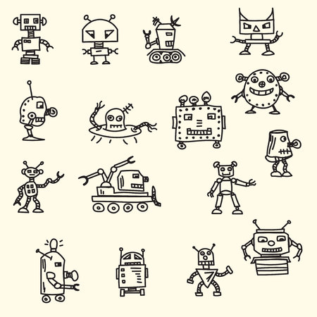 Doodle handrawn robots. Vector Illustration.のイラスト素材