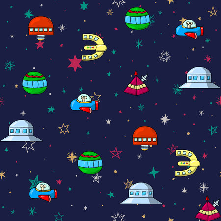Seamless space pattern with rockets and stars. Childish styled illustration.のイラスト素材