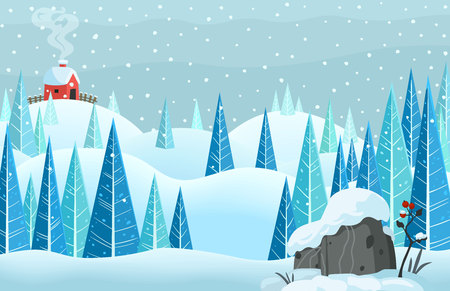 winter snow horisontal forest landscape with house on the hillのイラスト素材