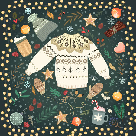 Stack of cozy knitted sweaters and lantern on a tableのイラスト素材