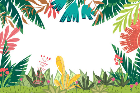 Vector background with frame of bright stylized floral elements. Horizontal cardのイラスト素材