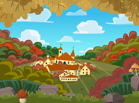 Autumnal vector landscape with little village on a hill. Vector cartoon illustrationのイラスト素材
