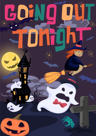 Halloween poster with witch, bats and ghost flying out of spooky house. Going out tonight vector quoteのイラスト素材
