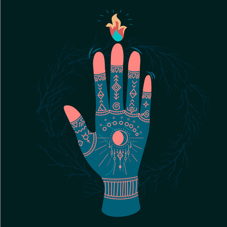 Ornate hands with sacred symbols in bohemian style. Hand drawn vector illustration.のイラスト素材