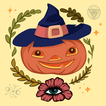 Halloween Jack-o-Lantern pumpkin with scary face. Vector design for prints, tshirts, party posters and banners.のイラスト素材