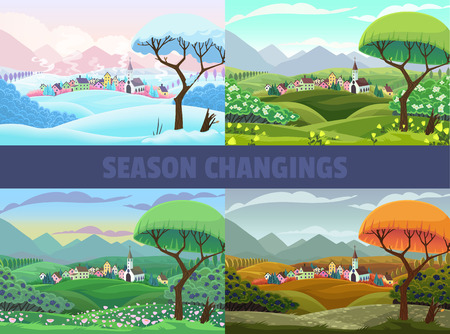 Four seasons of village view: spring, summer autumn and winter. Vector cartoon landscapeのイラスト素材