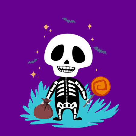Halloweenbaby skeleton with candy. Vector design for prints, tshirts, party posters and banners.のイラスト素材