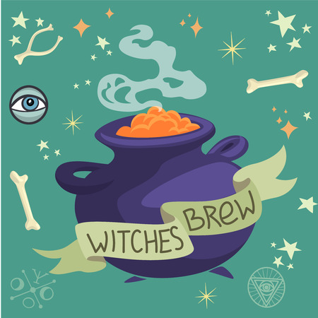 Halloween witches brew in a cauldron. Vector design for prints, tshirts, party posters and banners.のイラスト素材