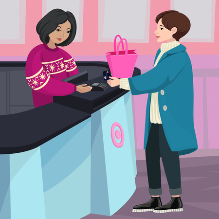 Young beautiful women in winter clothes in a moment of paying with credit card to a shop assistant in ugly sweater. Modern flat style vector illustrationのイラスト素材