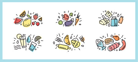 Colorful food icons with delails in trendy flat style. For web and printのイラスト素材