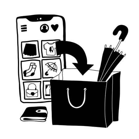 Online shopping doodle concept. illustration with a huge Cellphone and paper bag in black and whiteのイラスト素材