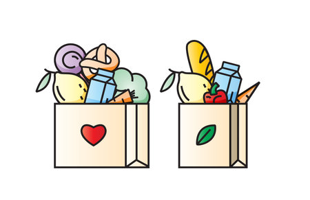 Icon Paper package with fresh healthy produce. Organic products from the farm. Vegetables, bread, dairy products, meat and fruits. Vector flat design illustration.のイラスト素材