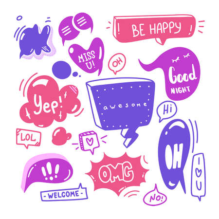 Doodle set of speech bubbles with dialog text Hi, Love, Yep, Welcome, ok. Comic hand drawn sketch style. Text and speech balloon element drawn with a brush-pen. Vector illustrationのイラスト素材