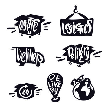 logistics and delivery symbols. Lettering Delivery. Logistics logo. Doodle delivery service. transportation illustration. shipping logo and lettering.のイラスト素材