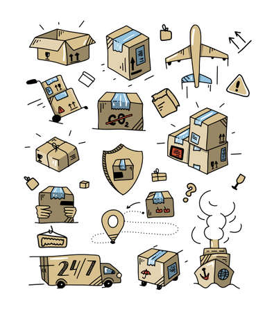 colorful Doodle Delivery set. Outline logistics collection. Hand drawn transportation elements. Doodle box and package. Vector illustrationのイラスト素材