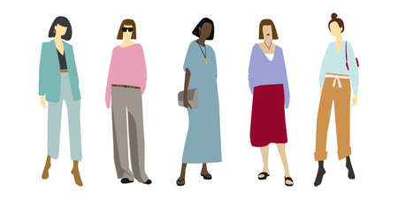 Casual fashion for women and girls. Flat design. Office look for female. summer fashion. Business casual clothes for African and Europeans. Stylish and clean outfit.のイラスト素材