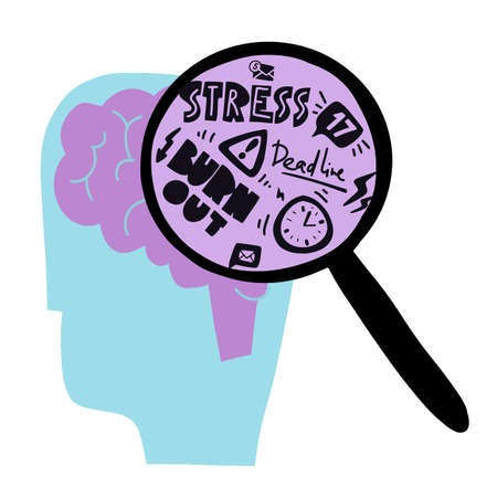 A head with a brain. Loupe with emotions and thinking about problem. Mental Health and everyday Problem. Stress and deadlines. Stress tolerance. Flat design. Lettering and concept. Vector illustrationのイラスト素材