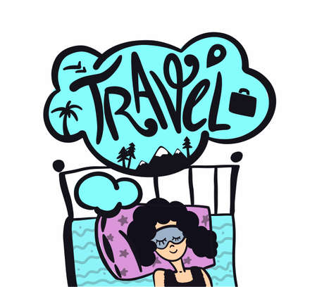 Woman dreams about travel. Journey dreaming. Girl needs a Holiday. Lettering Concept. Waiting for Holiday. Flat design. Vector illustrationのイラスト素材
