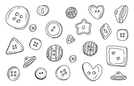 Button clothes doodle set. Collection of colorful kids plastic cloth round buttons in cartoon style. Fashion design clothing accessory tailor collection illustration. Vector illustrationのイラスト素材