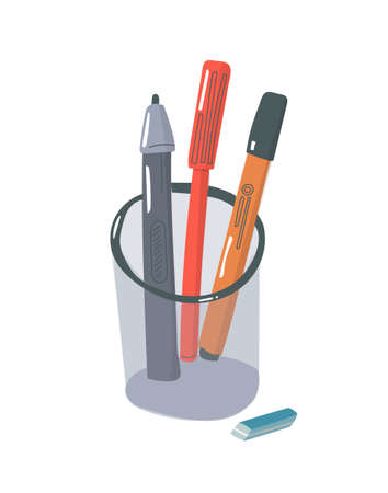 Desk organizer for utilities. Organizer office and school supplies. Flat design. Writing equipment. pen, pencil and ruler holder. All you need for school. Cartoon.のイラスト素材