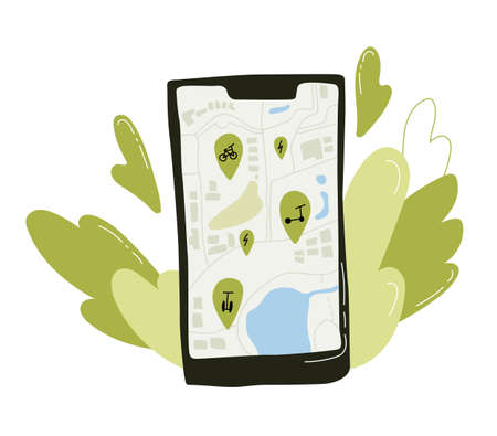 Rental service mobile app. Car sharing, transport public transport application. Eco transportation. Flat design. Vector illustrationRental service mobile app. Car sharing, transport public transport application. Eco transportation. Flat design.のイラスト素材