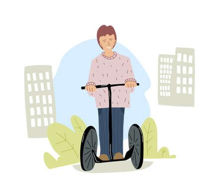 Man rides on a gyro in the city. People use eco vehicle. Flat design. Vector illustrationのイラスト素材